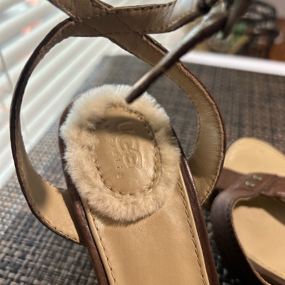 UGG ROCHELLE Brown Leather Wedge Sandals Size 7 - Picture 5 of 11